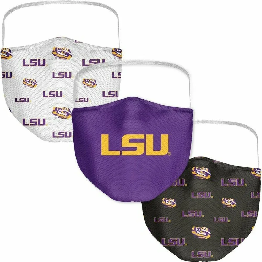 LSU Tigers: Fanatics Branded Adult All Over Logo Face Covering 3-Pack ~ NEW